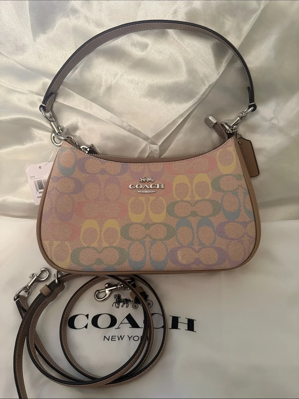 🌈Coach NWT Rainbow Pastel Print Teri Shoulder Bag/Tan Trim/Silver Hardware